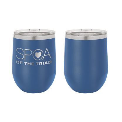Royal Blue 12 oz Laser engraved wine tumbler featuring the SPCA of the Triad logo. 