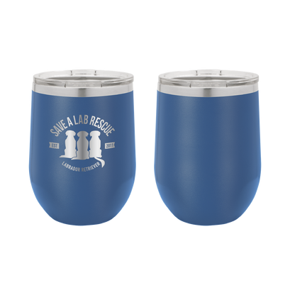 12 oz Wine Tumbler, laser engraved gift for mom's, dads and dog lovers. Royal blue tumbler with the Save A Lab logo.