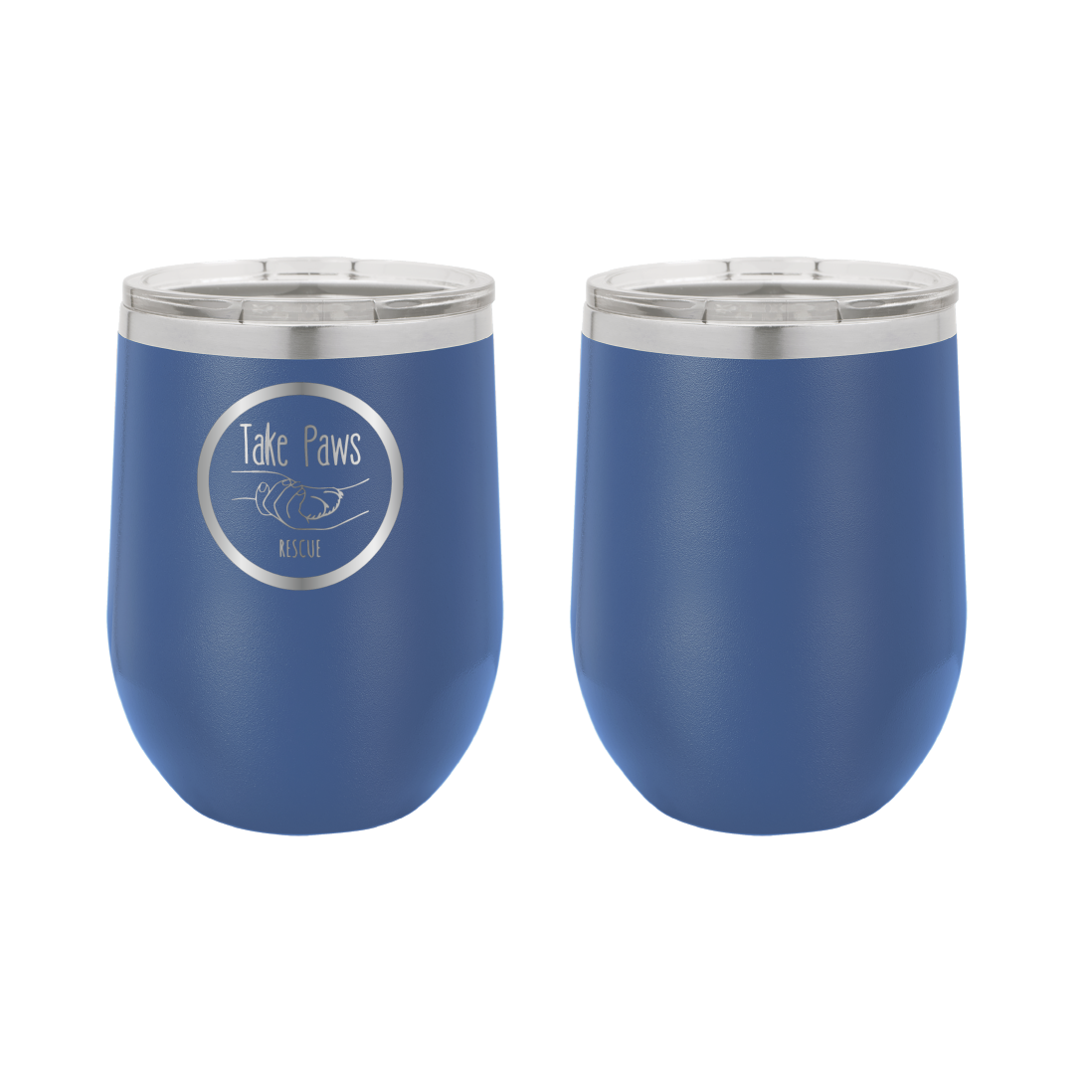 Royal blue 12 oz wine tumbler laser engraved  tumbler featuring the Take Paws Rescue logo