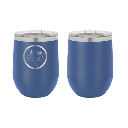 Royal blue 12 oz wine tumbler laser engraved  tumbler featuring the Take Paws Rescue logo