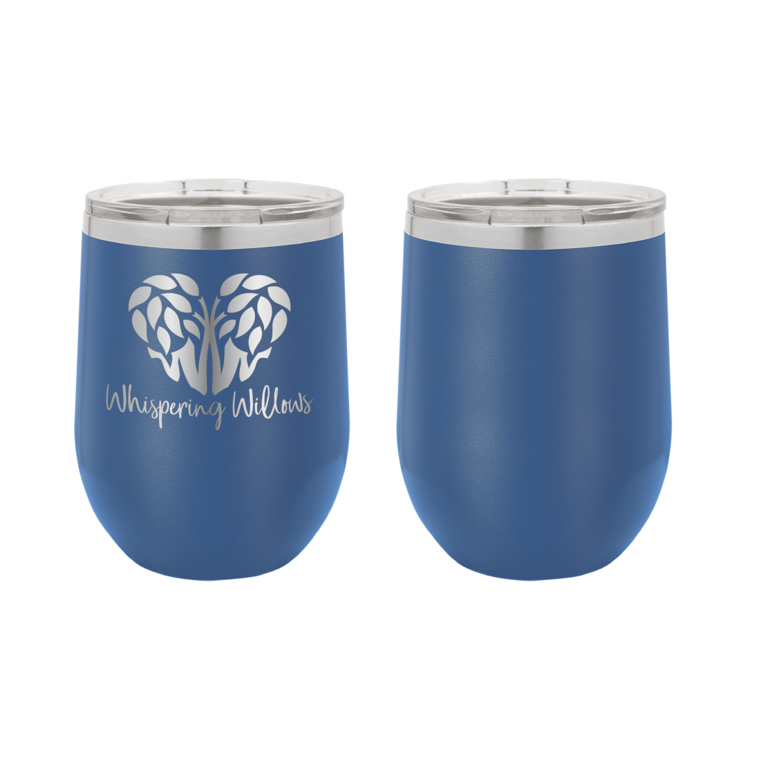 Royal blue laser engraved 12 oz wine tumbler featuring the Whispering Willows logo.