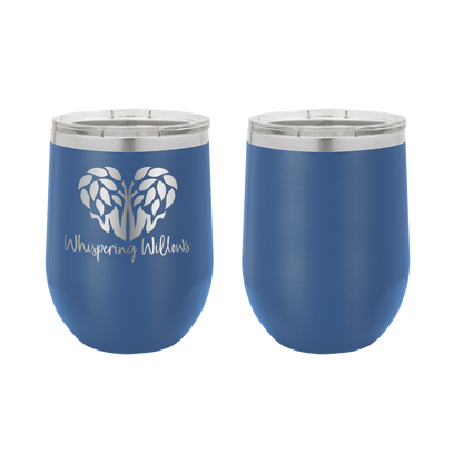 Royal blue laser engraved 12 oz wine tumbler featuring the Whispering Willows logo.