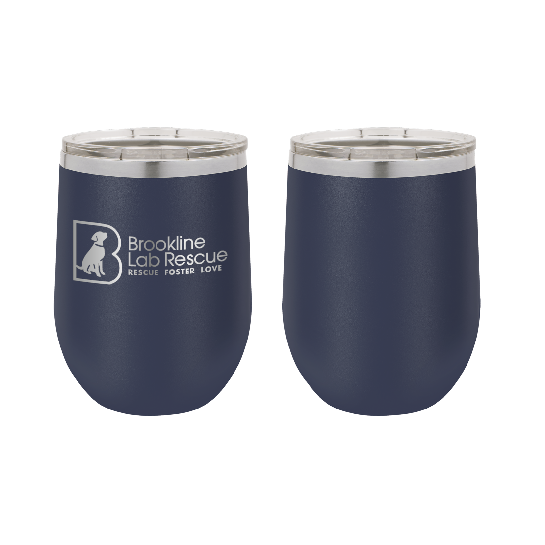 Navy blue laser engraved 12 oz wine tumbler featuring the Brookline Lab Rescue logo