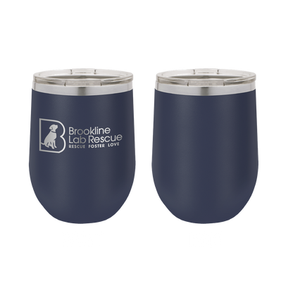 Navy blue laser engraved 12 oz wine tumbler featuring the Brookline Lab Rescue logo