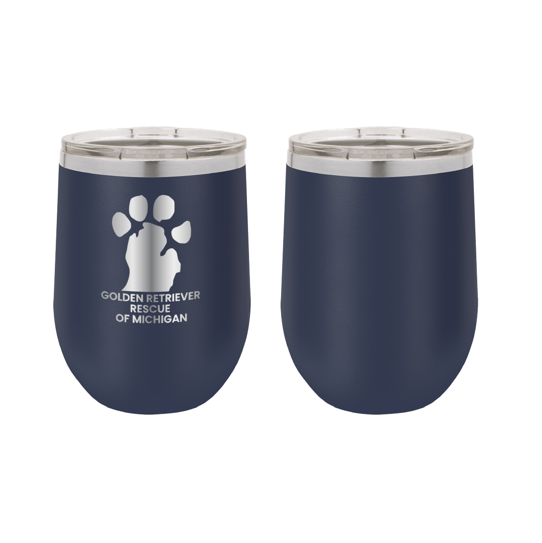 Navy Blue 12 oz Wine tumbler featuring the Golden Retriever Rescue of Michigan logo