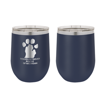 Navy Blue 12 oz Wine tumbler featuring the Golden Retriever Rescue of Michigan logo