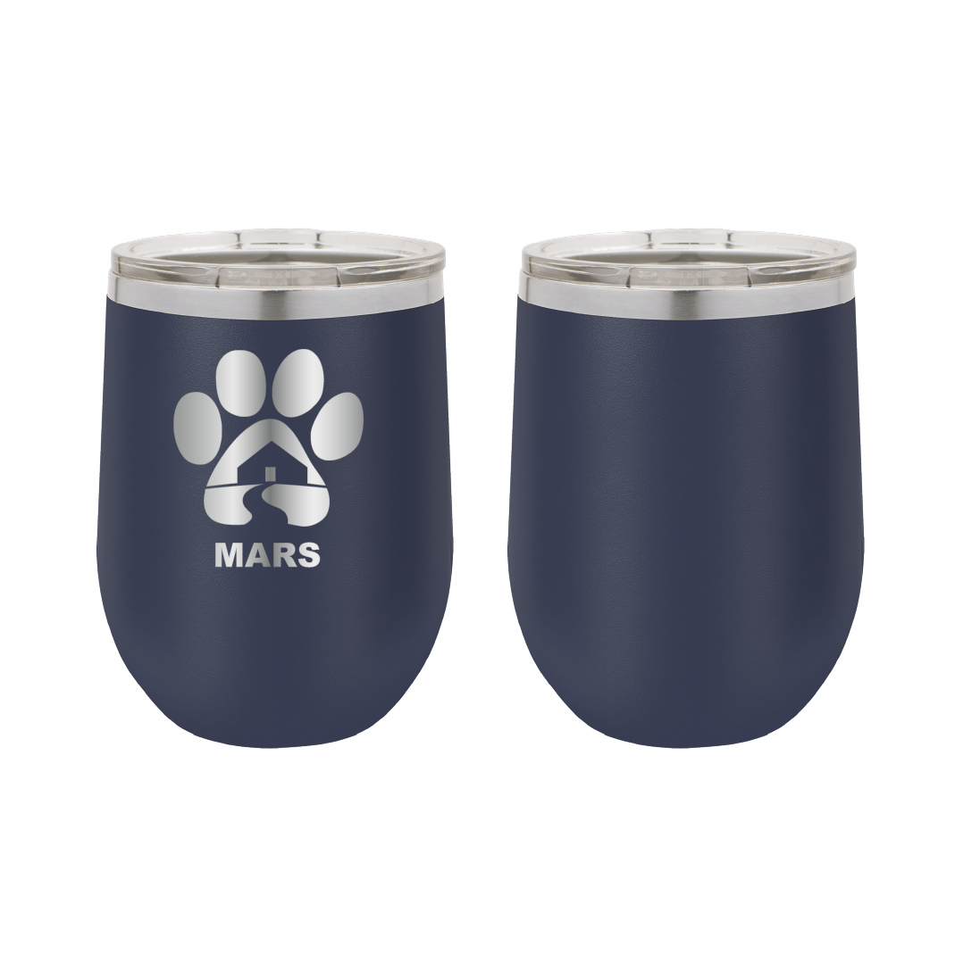 Navy blue 12 ounce laser engraved wine tumbler with the Midwest Animal Rescue & Services (MARS) logo.