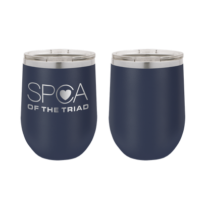 Navy Blue 12 oz Laser engraved wine tumbler featuring the SPCA of the Triad logo. 