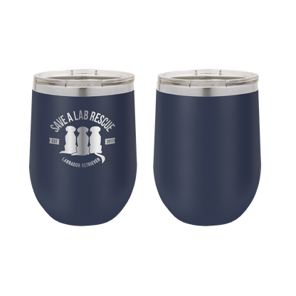 12 oz Wine Tumbler, laser engraved gift for mom's, dads and dog lovers. Navy blue tumbler with the Save A Lab logo.