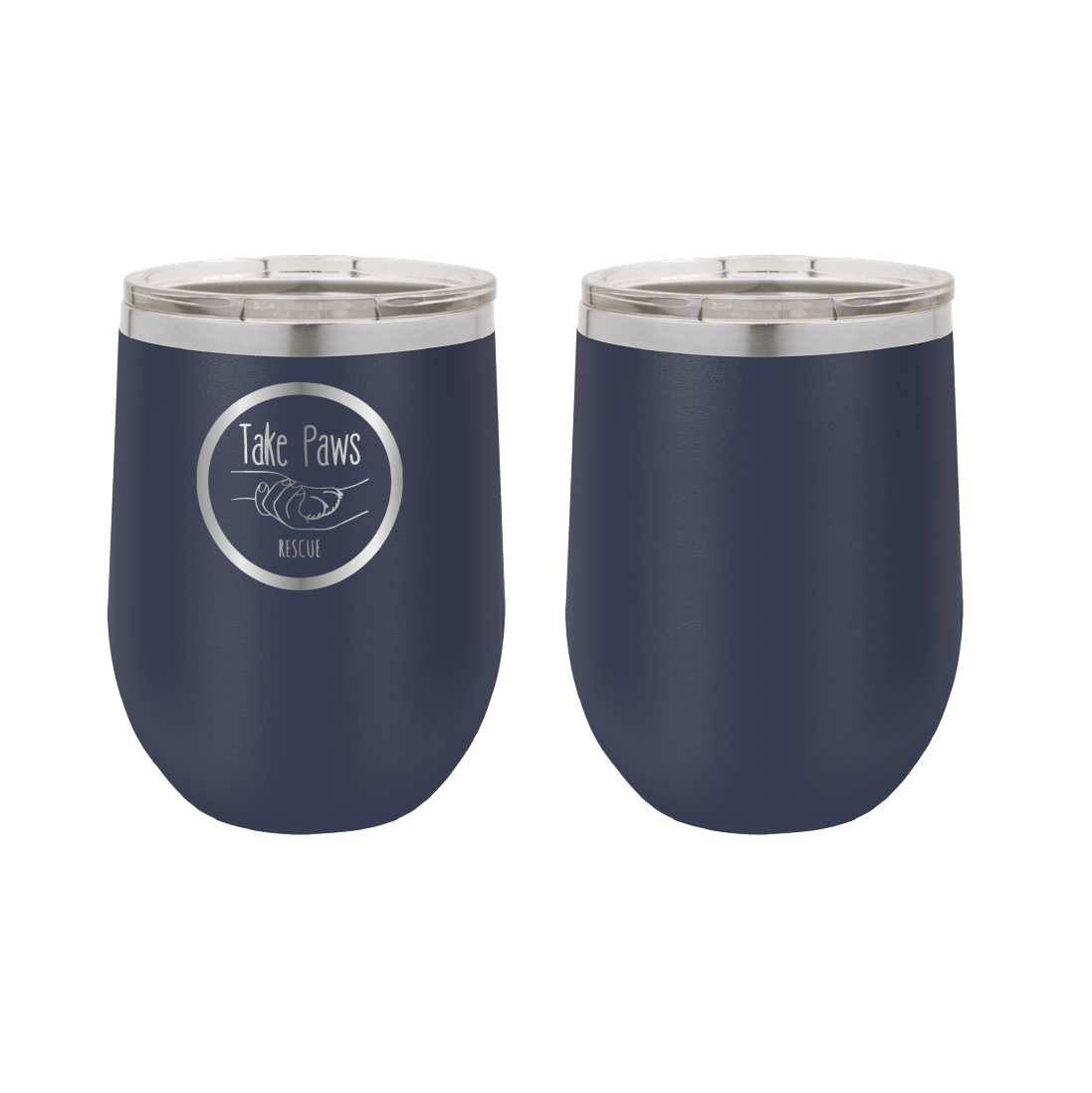 Navy blue 12 oz wine tumbler laser engraved  tumbler featuring the Take Paws Rescue logo