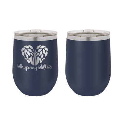 Navy blue laser engraved 12 oz wine tumbler featuring the Whispering Willows logo.