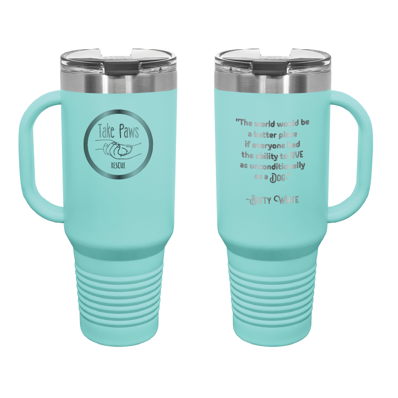 Teal 40 oz tumbler with handle laser engraved  tumbler featuring the Take Paws Rescue logo