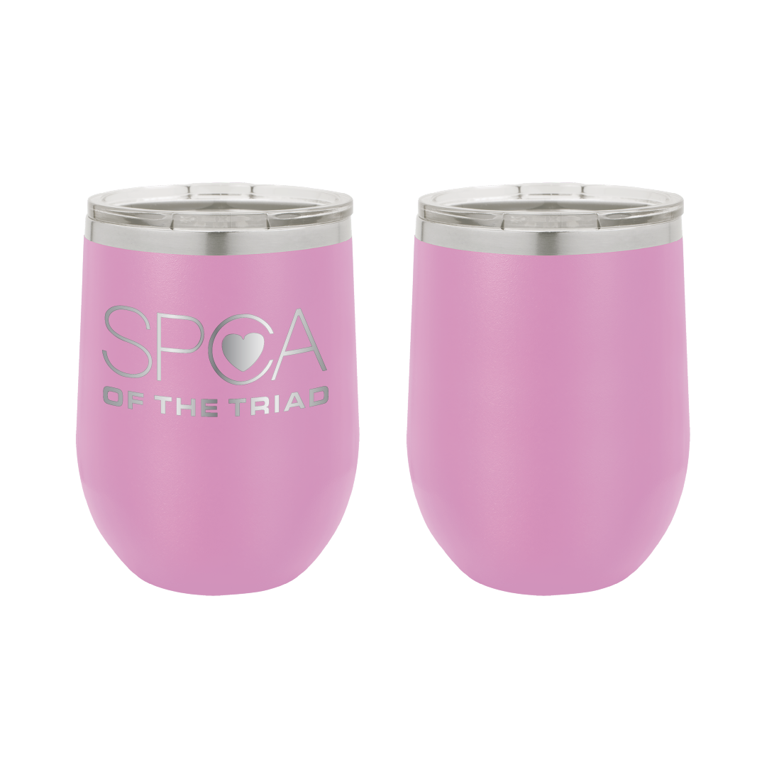 Light Purple 12 oz Laser engraved wine tumbler featuring the SPCA of the Triad logo. 