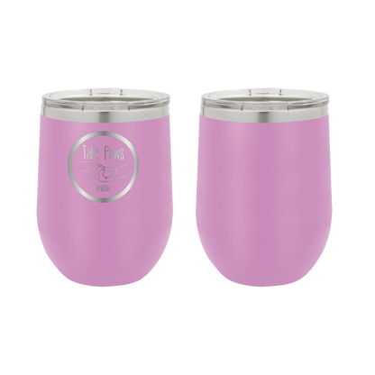 Light purple 12 oz wine tumbler laser engraved  tumbler featuring the Take Paws Rescue logo