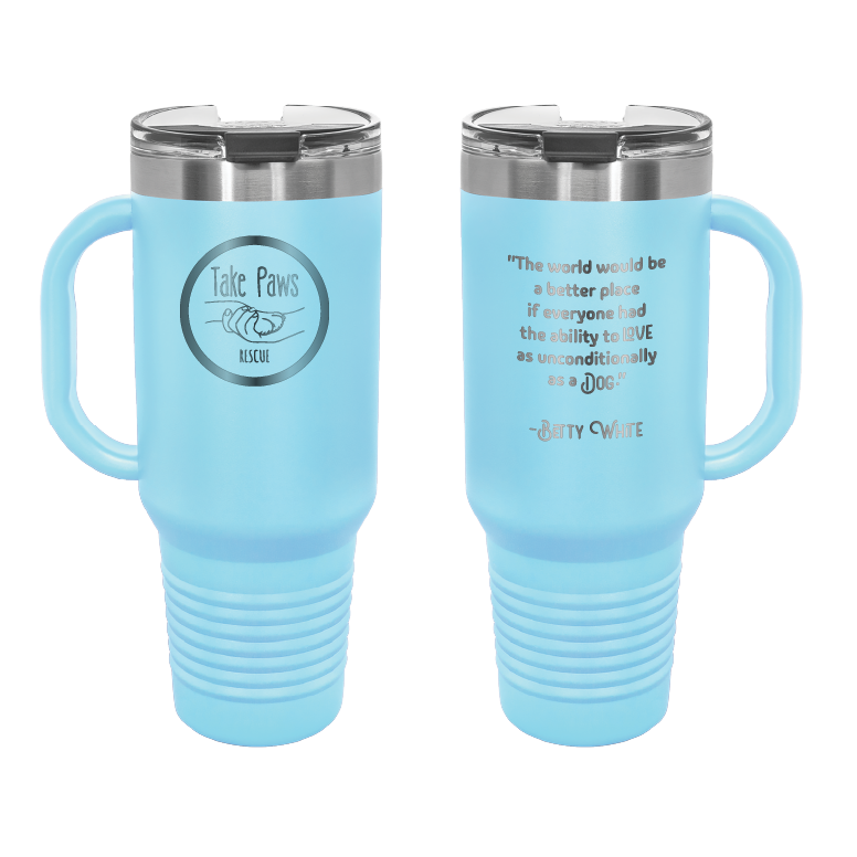 Light Blue 40 oz tumbler with handle laser engraved  tumbler featuring the Take Paws Rescue logo