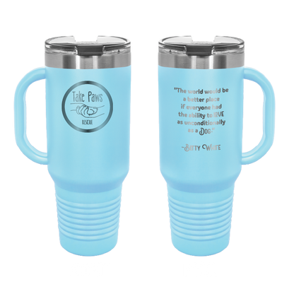 Light Blue 40 oz tumbler with handle laser engraved  tumbler featuring the Take Paws Rescue logo