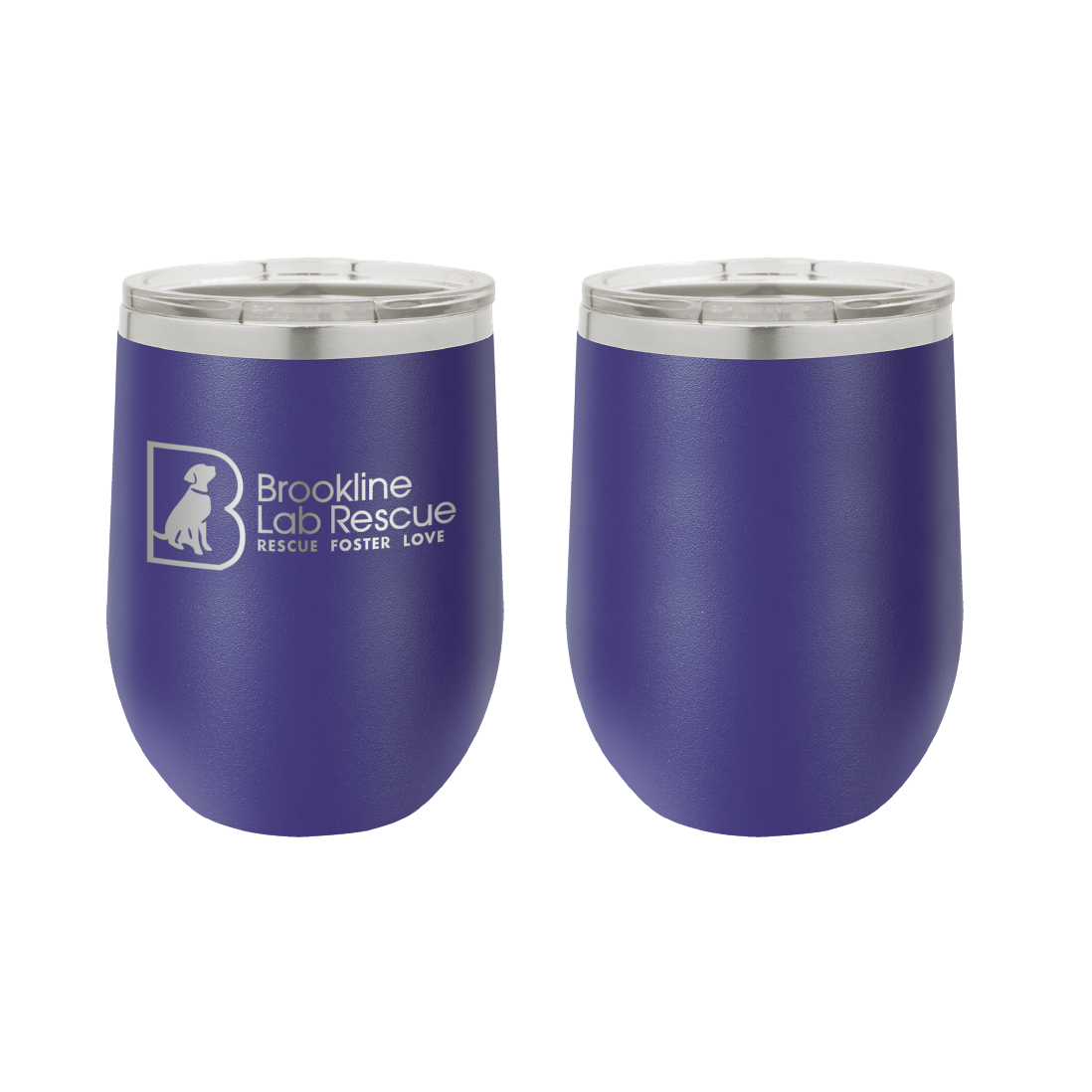 Purple laser engraved 12 oz wine tumbler featuring the Brookline Lab Rescue logo