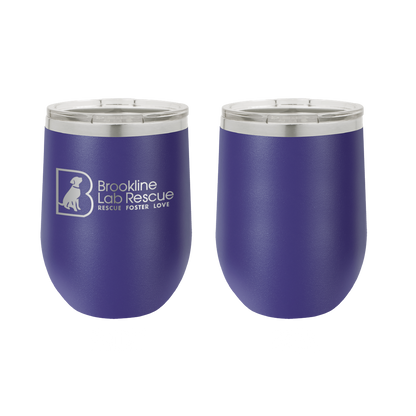 Purple laser engraved 12 oz wine tumbler featuring the Brookline Lab Rescue logo