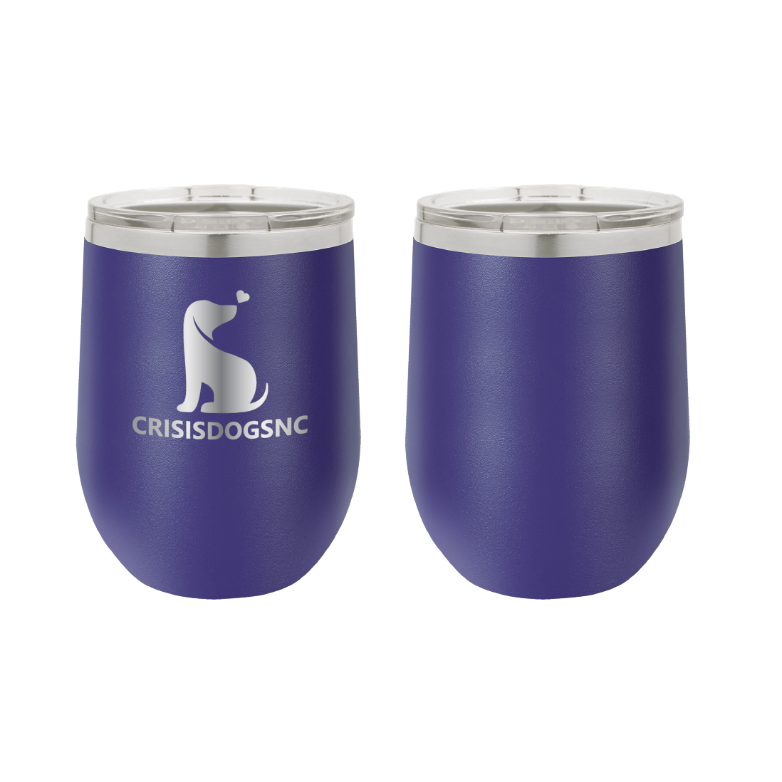 Purple laser engraved wine tumbler featuring the Crisis Dogs NC logo.