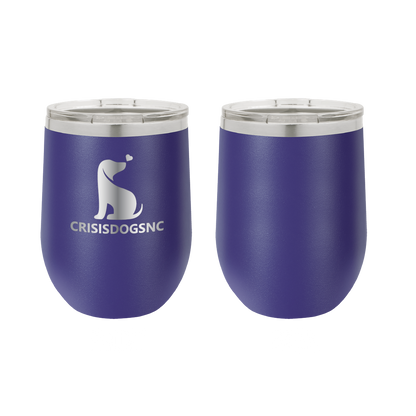 Purple laser engraved wine tumbler featuring the Crisis Dogs NC logo.