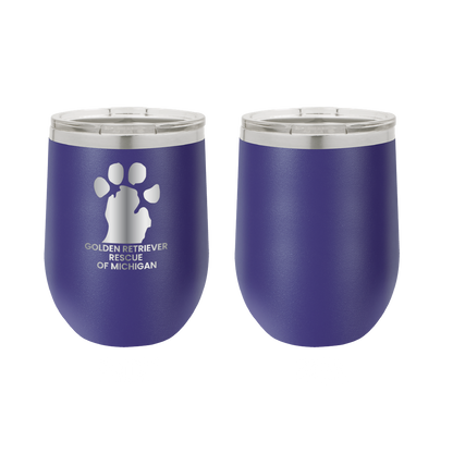 Purple  12 oz Wine tumbler featuring the Golden Retriever Rescue of Michigan logo