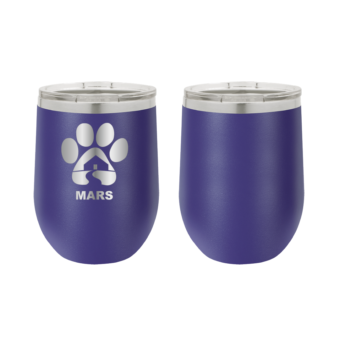 Purple 12 ounce laser engraved wine tumbler with the Midwest Animal Rescue & Services (MARS) logo.