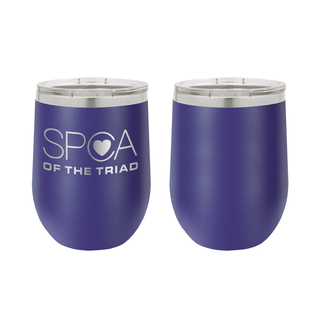 Purple 12 oz Laser engraved wine tumbler featuring the SPCA of the Triad logo. 