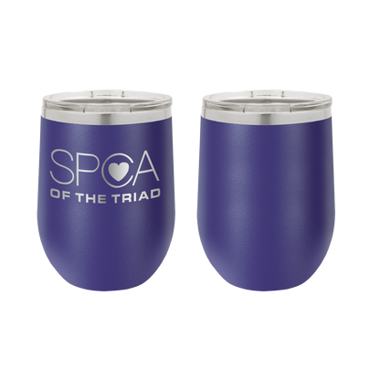 Purple 12 oz Laser engraved wine tumbler featuring the SPCA of the Triad logo. 