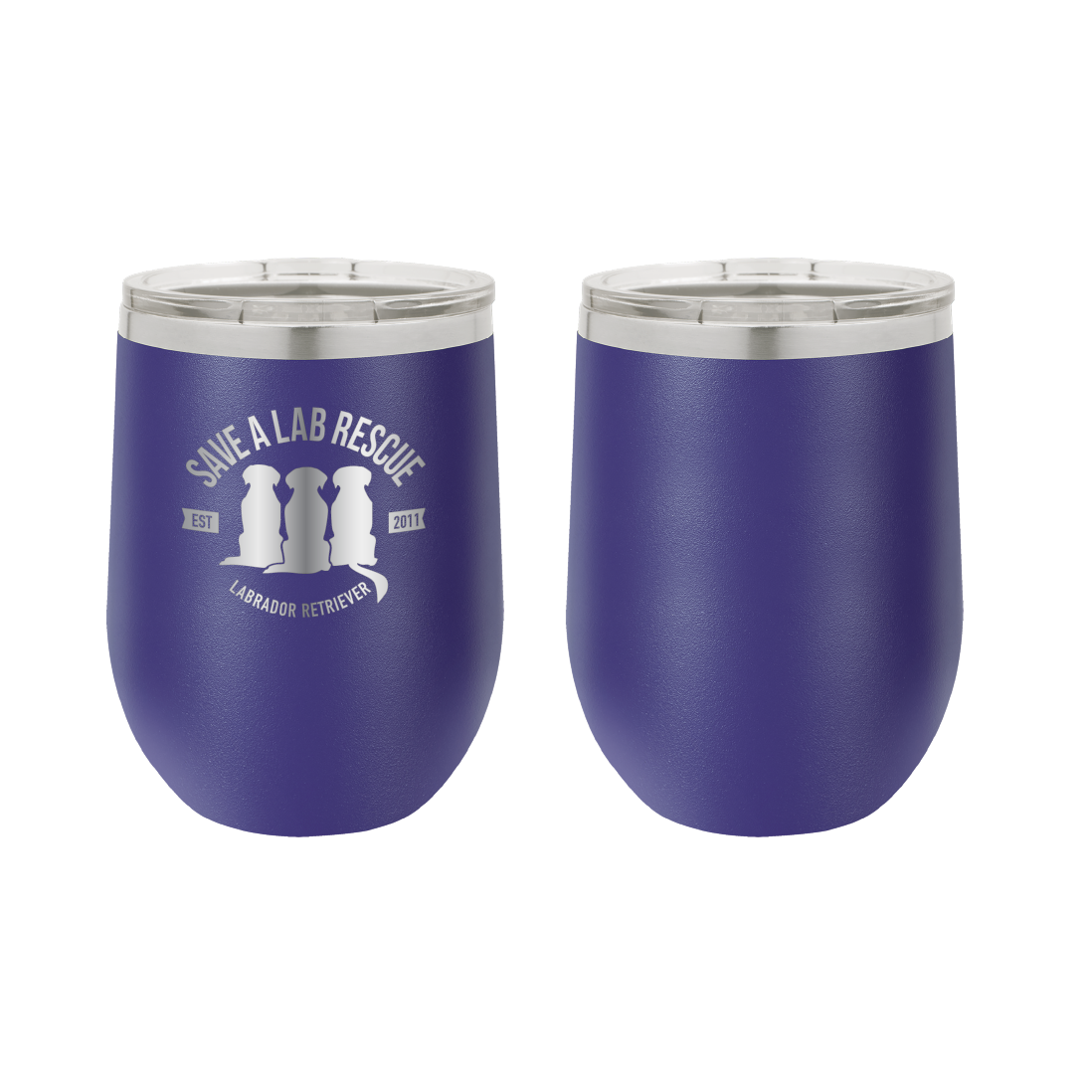 12 oz Wine Tumbler, laser engraved gift for mom's, dads and dog lovers. Purple tumbler with the Save A Lab logo.