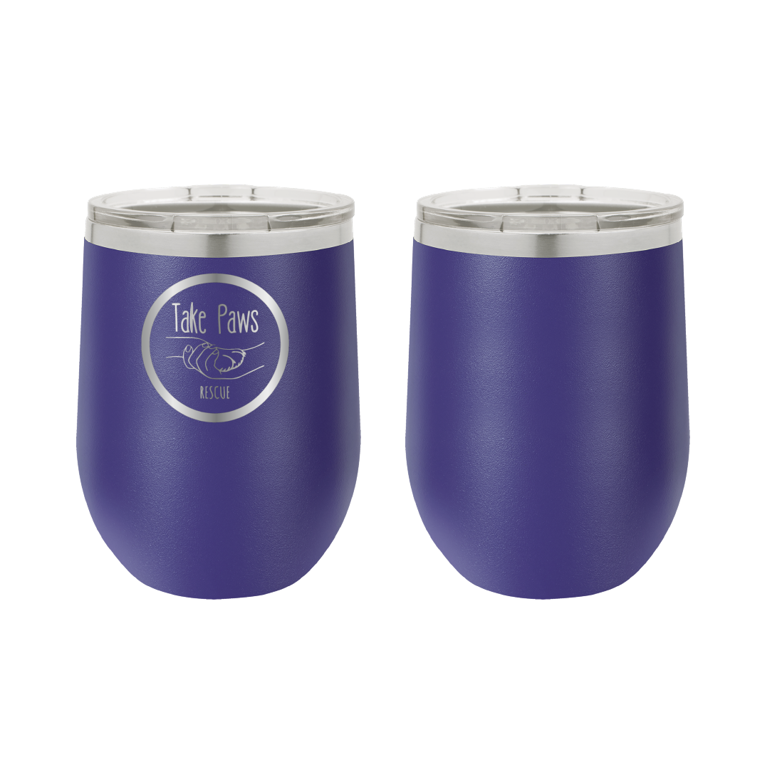 Purple 12 oz wine tumbler laser engraved  tumbler featuring the Take Paws Rescue logo