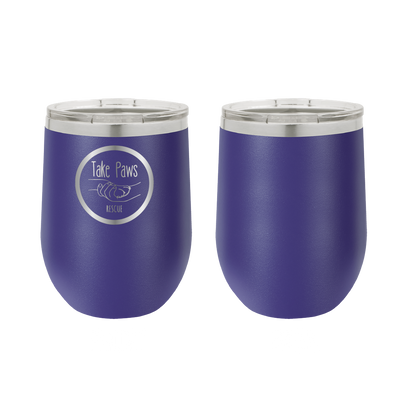 Purple 12 oz wine tumbler laser engraved  tumbler featuring the Take Paws Rescue logo