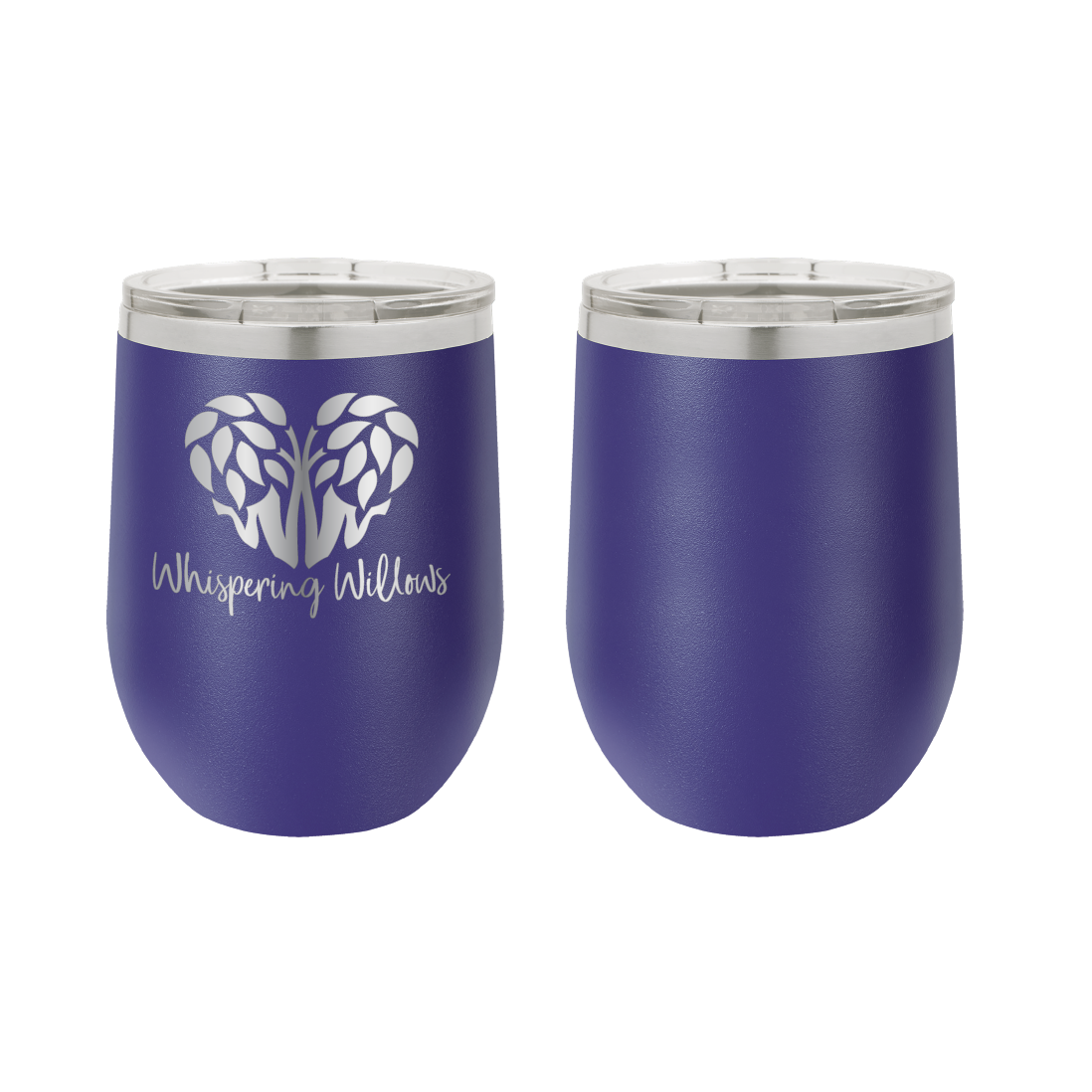 Purple laser engraved 12 oz wine tumbler featuring the Whispering Willows logo.