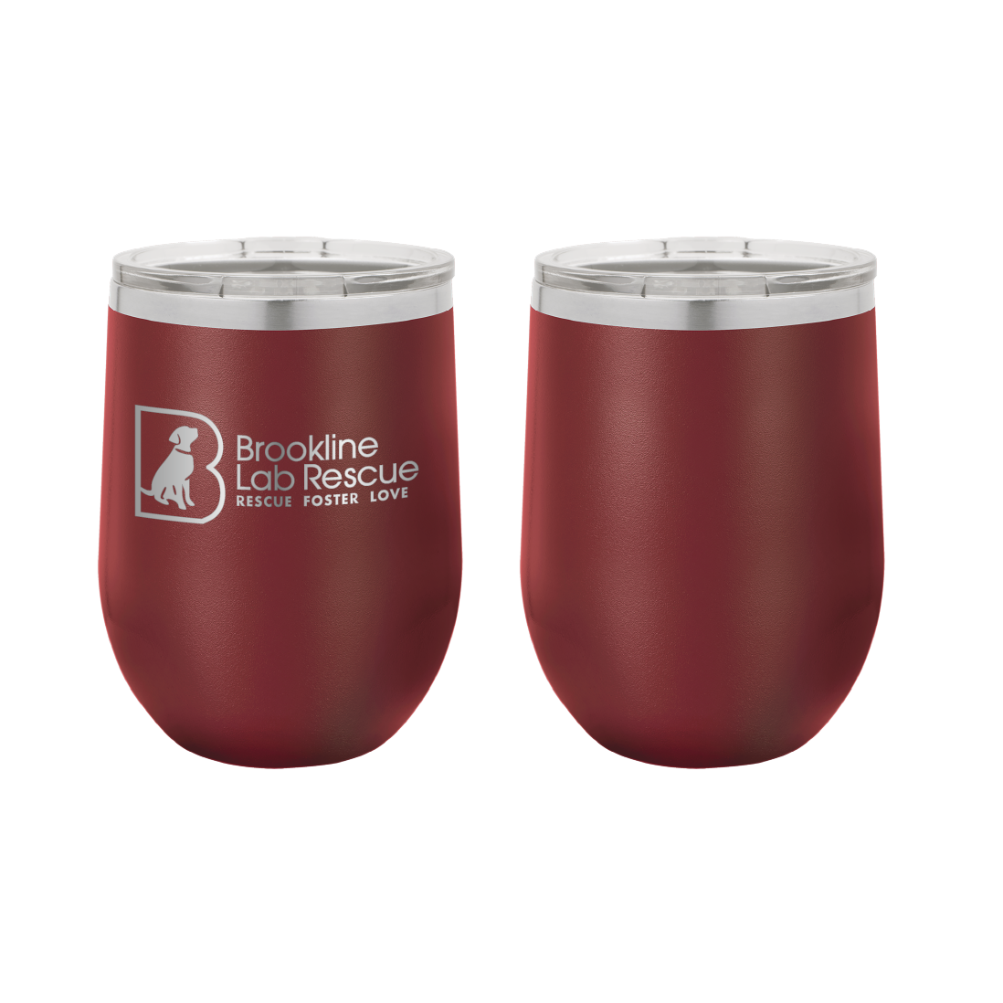 Maroon laser engraved 12 oz wine tumbler featuring the Brookline Lab Rescue logo