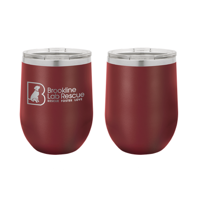 Maroon laser engraved 12 oz wine tumbler featuring the Brookline Lab Rescue logo