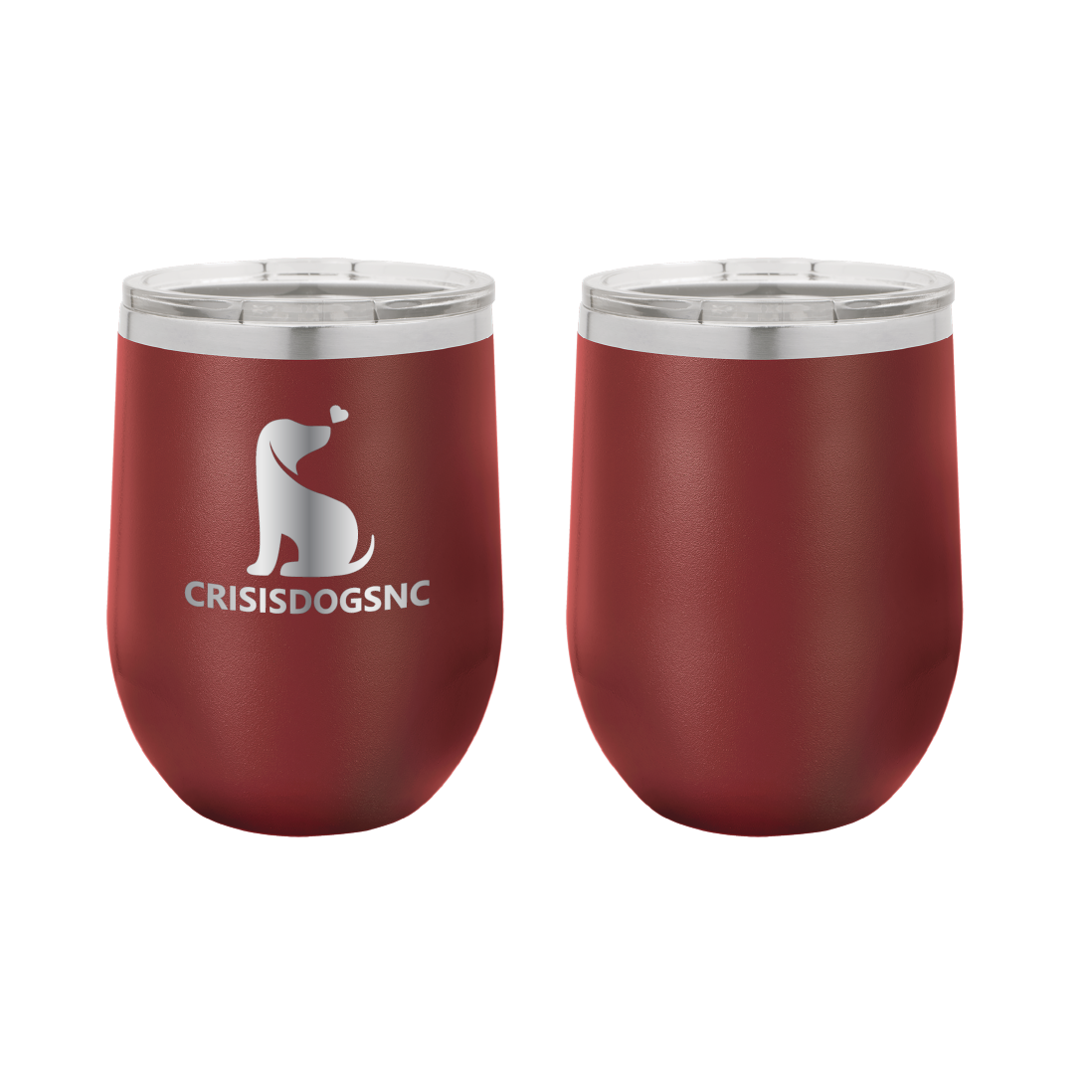 Maroon laser engraved wine tumbler featuring the Crisis Dogs NC logo.