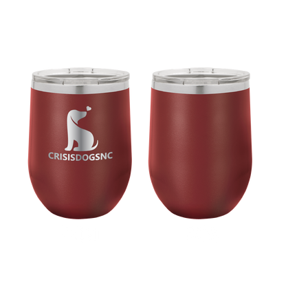 Maroon laser engraved wine tumbler featuring the Crisis Dogs NC logo.