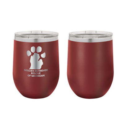 Maroon 12 oz Wine tumbler featuring the Golden Retriever Rescue of Michigan logo