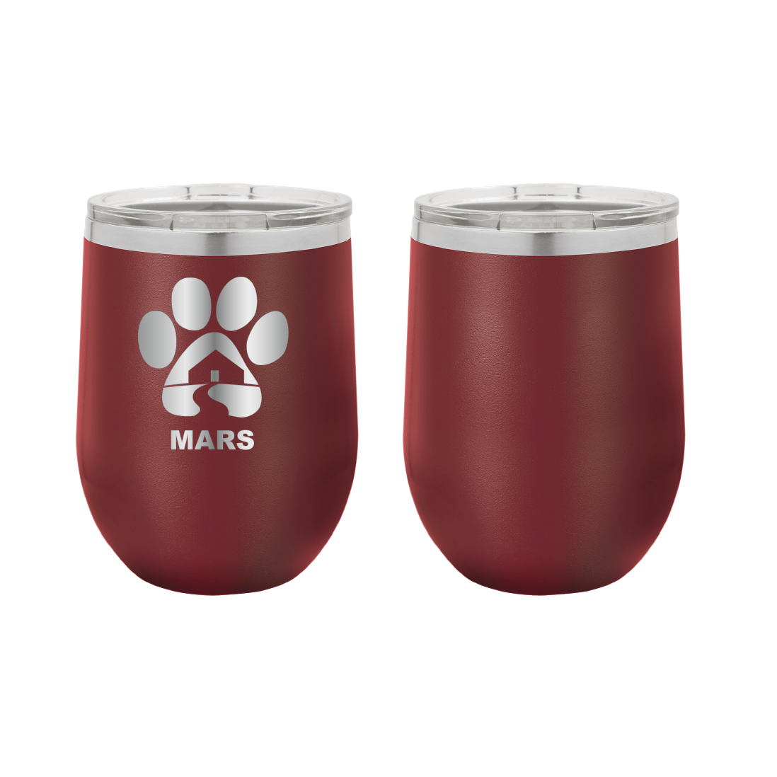 Maroon 12 ounce laser engraved wine tumbler with the Midwest Animal Rescue & Services (MARS) logo.