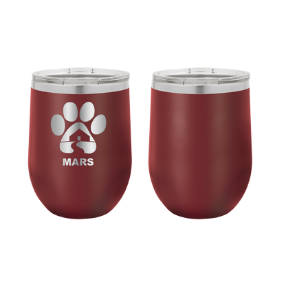 Maroon 12 ounce laser engraved wine tumbler with the Midwest Animal Rescue & Services (MARS) logo.