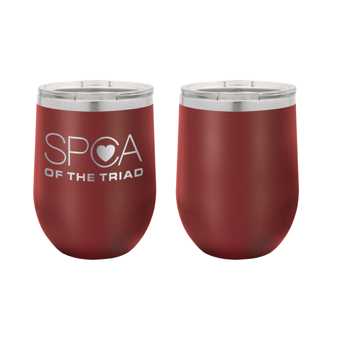 Maroon 12 oz Laser engraved wine tumbler featuring the SPCA of the Triad logo. 