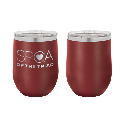 Maroon 12 oz Laser engraved wine tumbler featuring the SPCA of the Triad logo. 