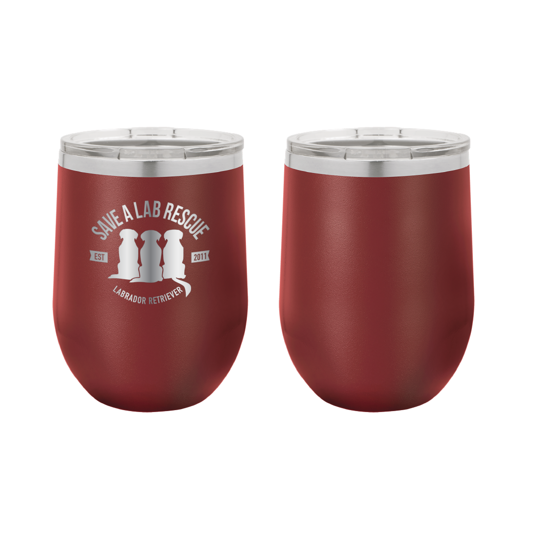 12 oz Wine Tumbler, laser engraved gift for mom's, dads and dog lovers. Maroon tumbler with the Save A Lab logo.