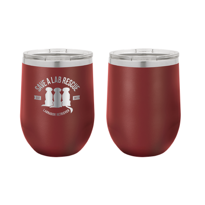 12 oz Wine Tumbler, laser engraved gift for mom's, dads and dog lovers. Maroon tumbler with the Save A Lab logo.