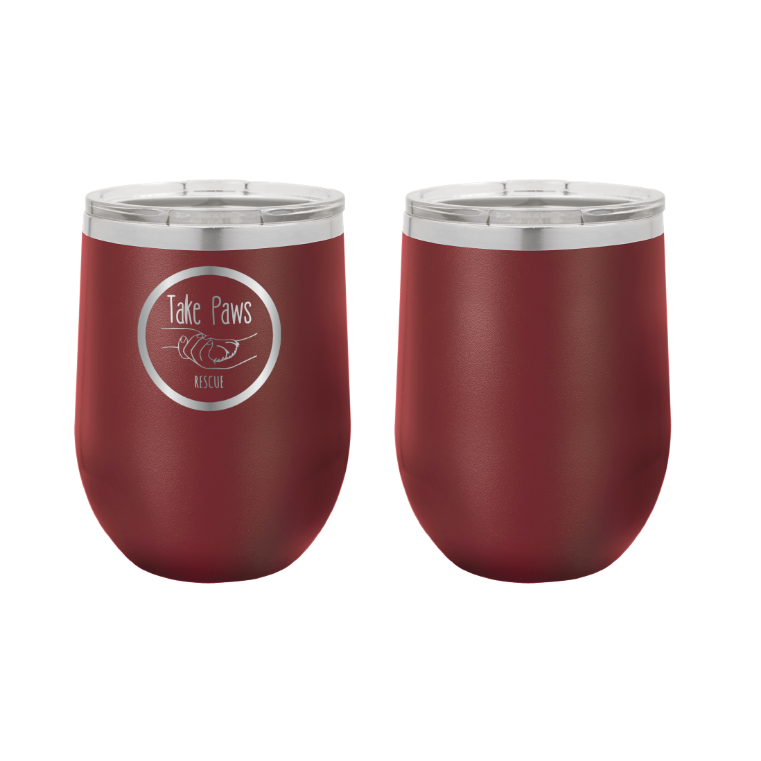 Maroon 12 oz wine tumbler laser engraved  tumbler featuring the Take Paws Rescue logo