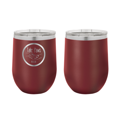 Maroon 12 oz wine tumbler laser engraved  tumbler featuring the Take Paws Rescue logo