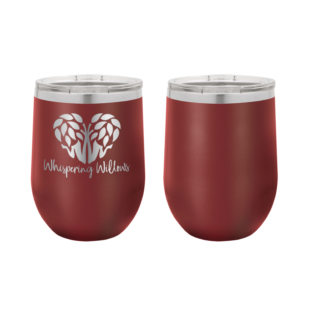 Maroon laser engraved 12 oz wine tumbler featuring the Whispering Willows logo.