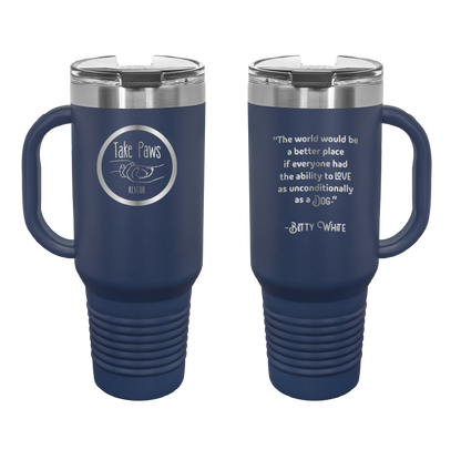 Navy Blue 40 oz tumbler with handle laser engraved  tumbler featuring the Take Paws Rescue logo