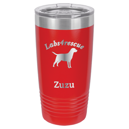 Red laser engraved 20 oz tumbler featuring the Labs4rescue logo and the name Zuzu. 