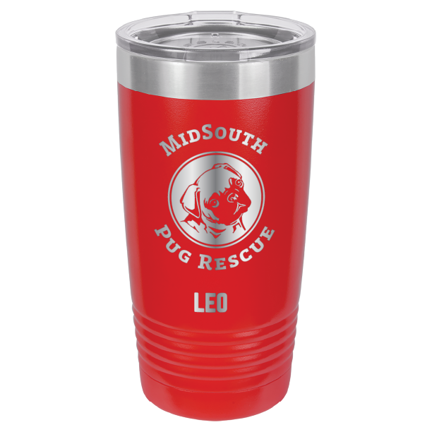 Red laser engraved 20 oz tumbler featuring the MidSouth Pug Rescue logo and the name Leo. 