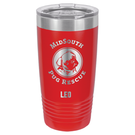 Red laser engraved 20 oz tumbler featuring the MidSouth Pug Rescue logo and the name Leo. 